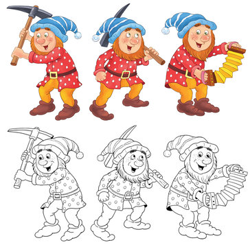 Snow White and seven dwarfs. A cute dwarf. Illustration for children. Coloring page