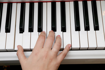 Close up piano, white and black keyboard