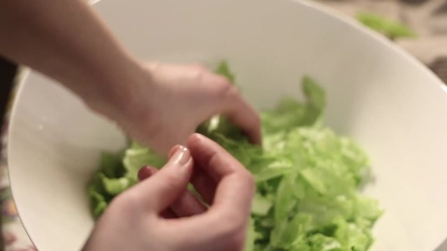 woman hands tearing letucce leaves