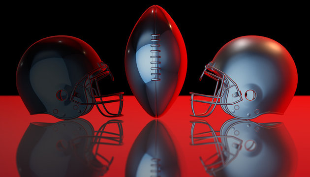American football black and gray helmets and silver trophy ball on black dark background, 3d render