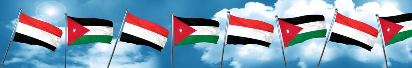Fototapeta na wymiar Yemen flag with Jordan flag, 3D rendering