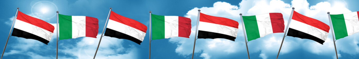 Fototapeta na wymiar Yemen flag with Italy flag, 3D rendering