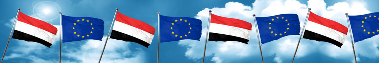 Fototapeta na wymiar Yemen flag with european union flag, 3D rendering
