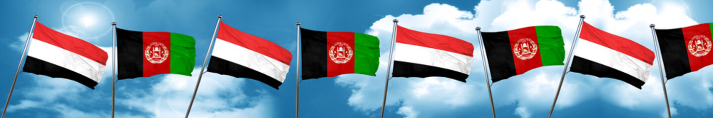 Fototapeta na wymiar Yemen flag with afghanistan flag, 3D rendering