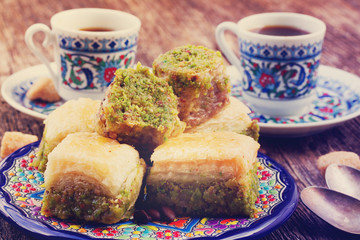 turkish delights - baklava swetts with coffee, retro toned