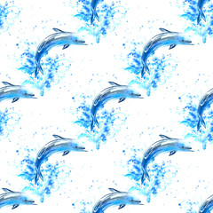 Fototapeta premium Seamless pattern of a blue dolphin and waves.Watercolor hand drawn illustration. Underwater animal image.