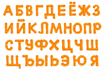 Russian alphabet crocheted letters on white background with
