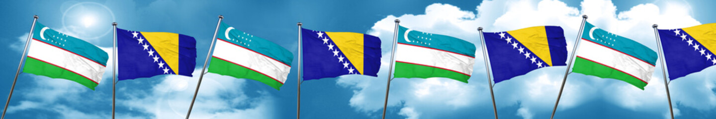 Uzbekistan flag with Bosnia and Herzegovina flag, 3D rendering