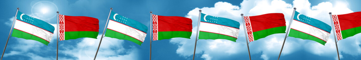 Uzbekistan flag with Belarus flag, 3D rendering