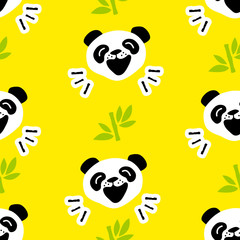 Seamless pattern with funny panda and bamboo on yellow background. Vector.