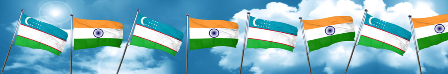 Uzbekistan flag with India flag, 3D rendering