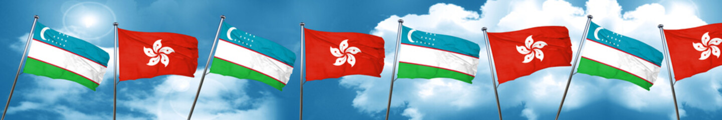 Uzbekistan flag with Hong Kong flag, 3D rendering