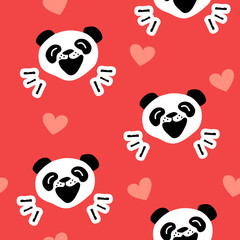Seamless pattern with funny panda and hearts on red background. Vector.