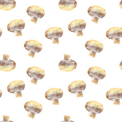 Mushroom champignon on white background. Seamless watercolor pattern