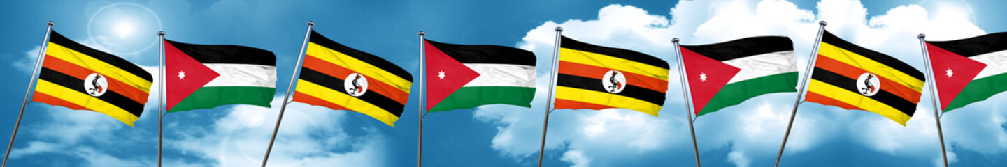 Uganda flag with Jordan flag, 3D rendering