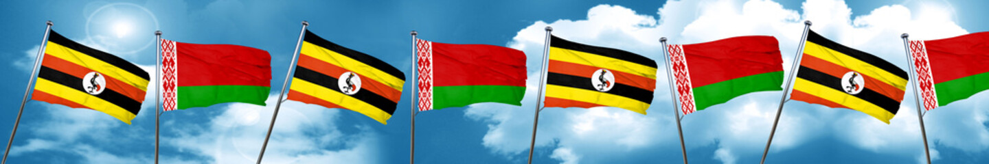 Uganda flag with Belarus flag, 3D rendering
