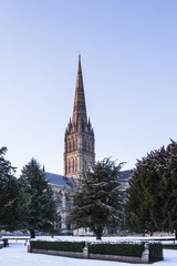 Salisbury cathedral in the snow.