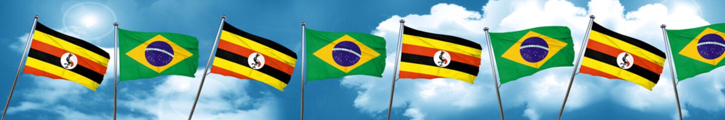 Uganda flag with Brazil flag, 3D rendering