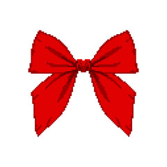 Red bow isolated on white background, pixel ribbon