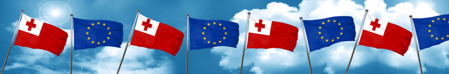 Tonga flag with european union flag, 3D rendering