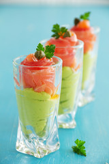 avocado mousse with salted salmon.