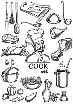 Cook, kitchen, ingredients, and equipment set