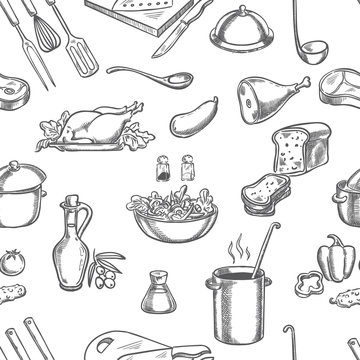 Cook, kitchen, ingredients, and equipment hand drawing seamless