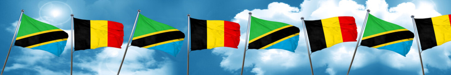 Tanzanian flag with Belgium flag, 3D rendering