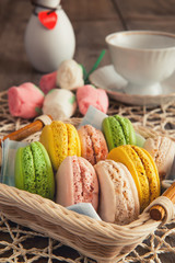 cake, macaroons, airy, colorful, round, tender, sweet, basket