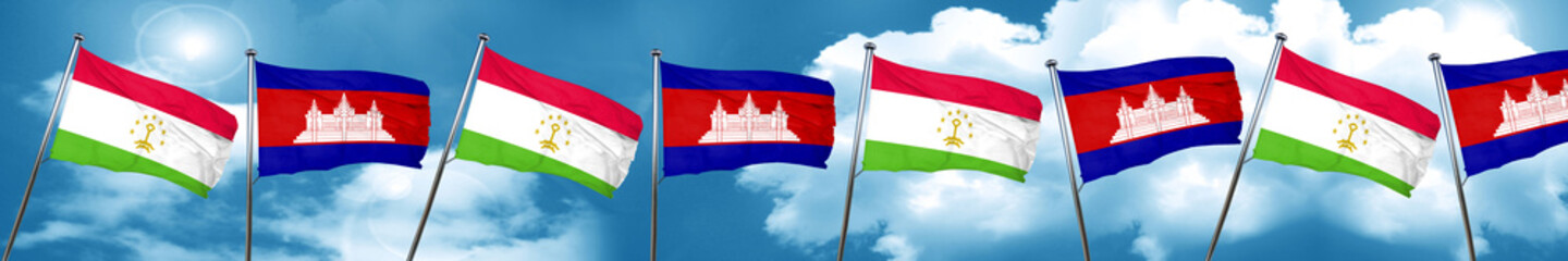 Tajikistan flag with Cambodia flag, 3D rendering