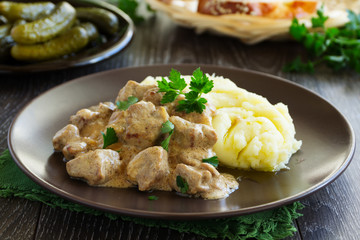 Beef Stroganoff with mashed potatoes.