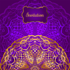 Rich gold invitation card in the Indian style. Bohemian Cards with mandalas. Royal purple and  ornament. Unique template for design or backdrop