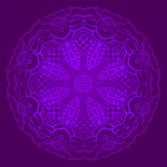 Lacy mandala in the Indian style. Bohemian ornament. Royal purple circle tracery. Unique template for design or backdrop