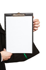 Young male lawyer hold clipboard.