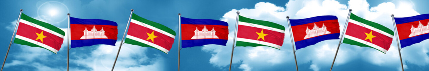 Suriname flag with Cambodia flag, 3D rendering