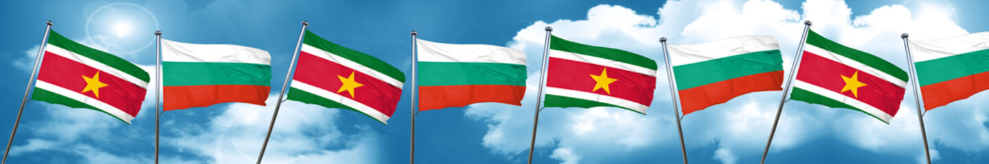 Suriname flag with Bulgaria flag, 3D rendering
