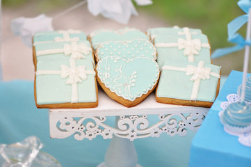 Delicious sweet cookies, decorated in wedding style