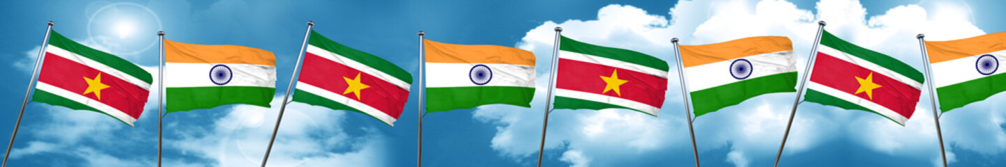 Suriname flag with India flag, 3D rendering