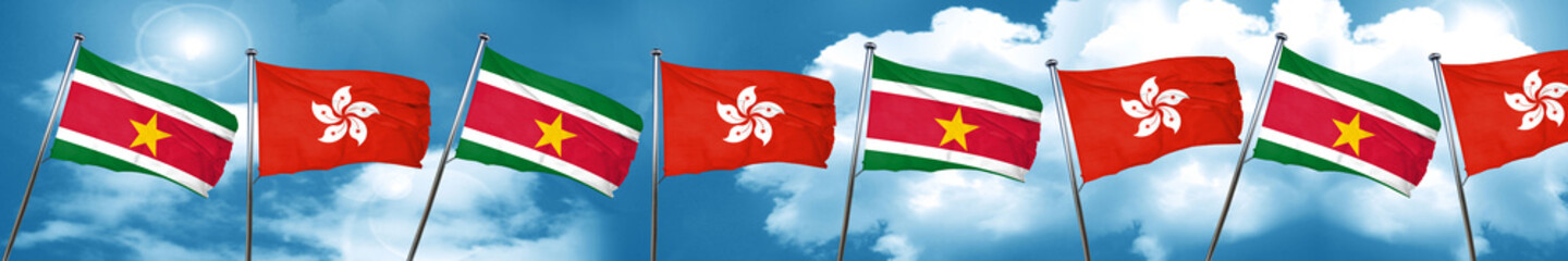 Suriname flag with Hong Kong flag, 3D rendering
