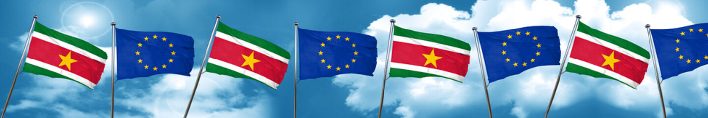 Suriname flag with european union flag, 3D rendering