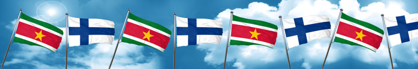 Suriname flag with Finland flag, 3D rendering