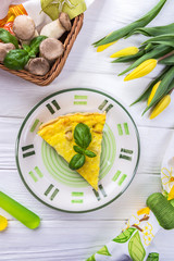 Homemade quiche with mushrooms Pleurotus eryngii on white background