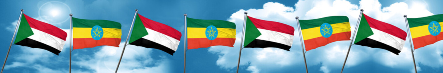 Sudan flag with Ethiopia flag, 3D rendering