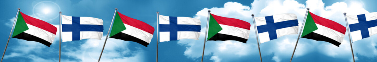 Sudan flag with Finland flag, 3D rendering