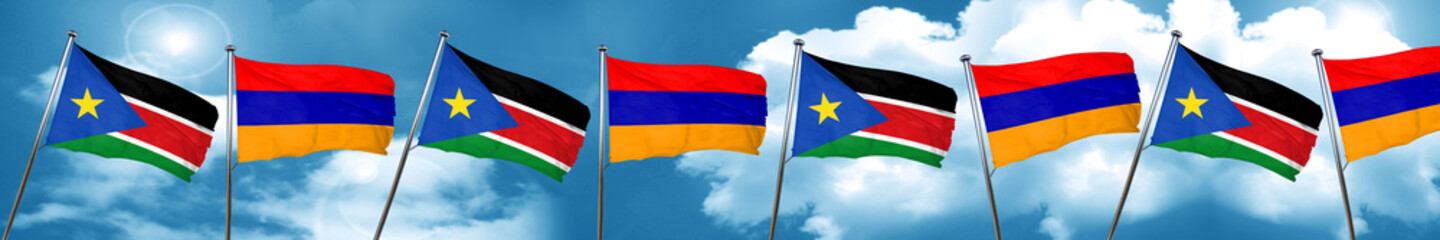 south sudan flag with Armenia flag, 3D rendering