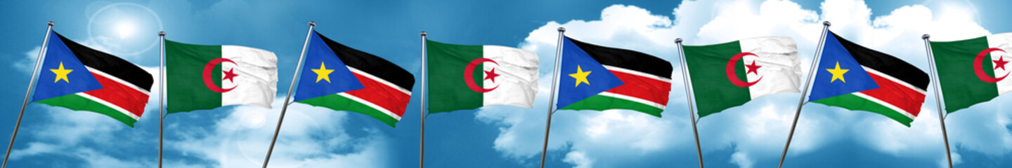 south sudan flag with Algeria flag, 3D rendering