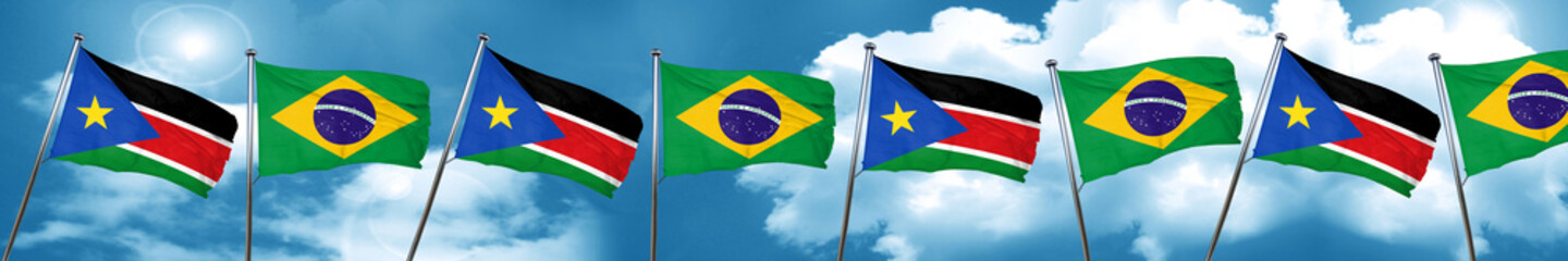 south sudan flag with Brazil flag, 3D rendering