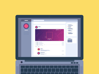 Laptop with social network. Flat design vector illustration