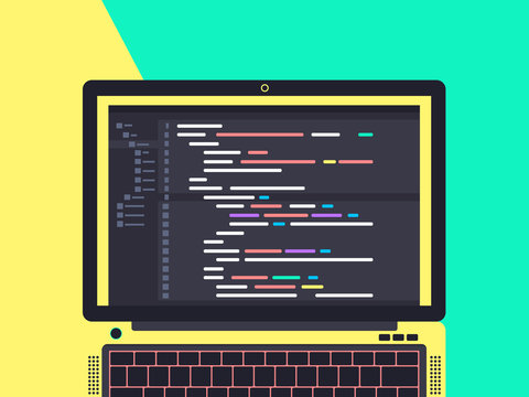 Programming and coding concept. Code on the screen laptop. Flat vector illustration.