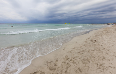 Son Bou beach in a cloudy day, South of Minorca, Menorca, Balearic Islands, Spain